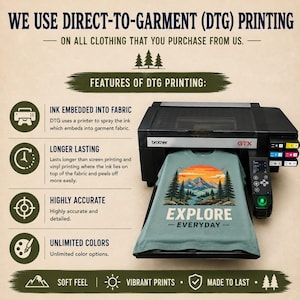 Puede incluir: Una impresora Brother GTX realizando impresi&oacute;n directa sobre una camiseta verde salvia con un gr&aacute;fico de monta&ntilde;as, pinos y un atardecer con el texto EXPLORE EVERYDAY. La imagen incluye texto que explica el proceso de impresi&oacute;n DTG.