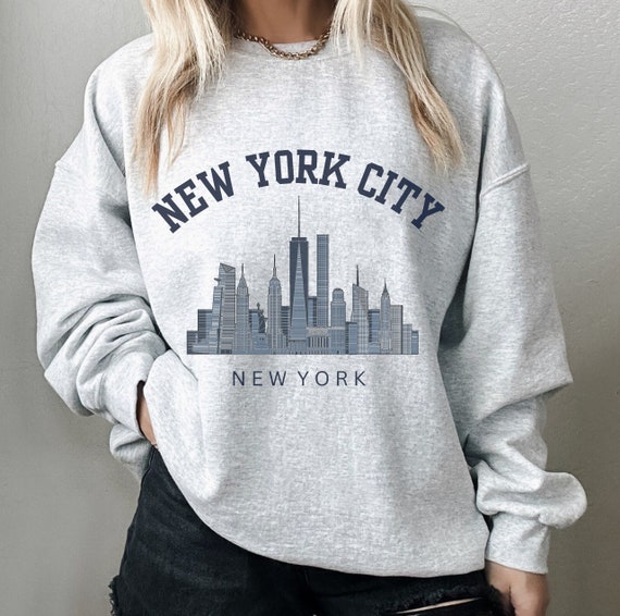 Sweatshirt Gris Chiné New York Vintage Rétro - Texte Bleu Classique Style Universitaire