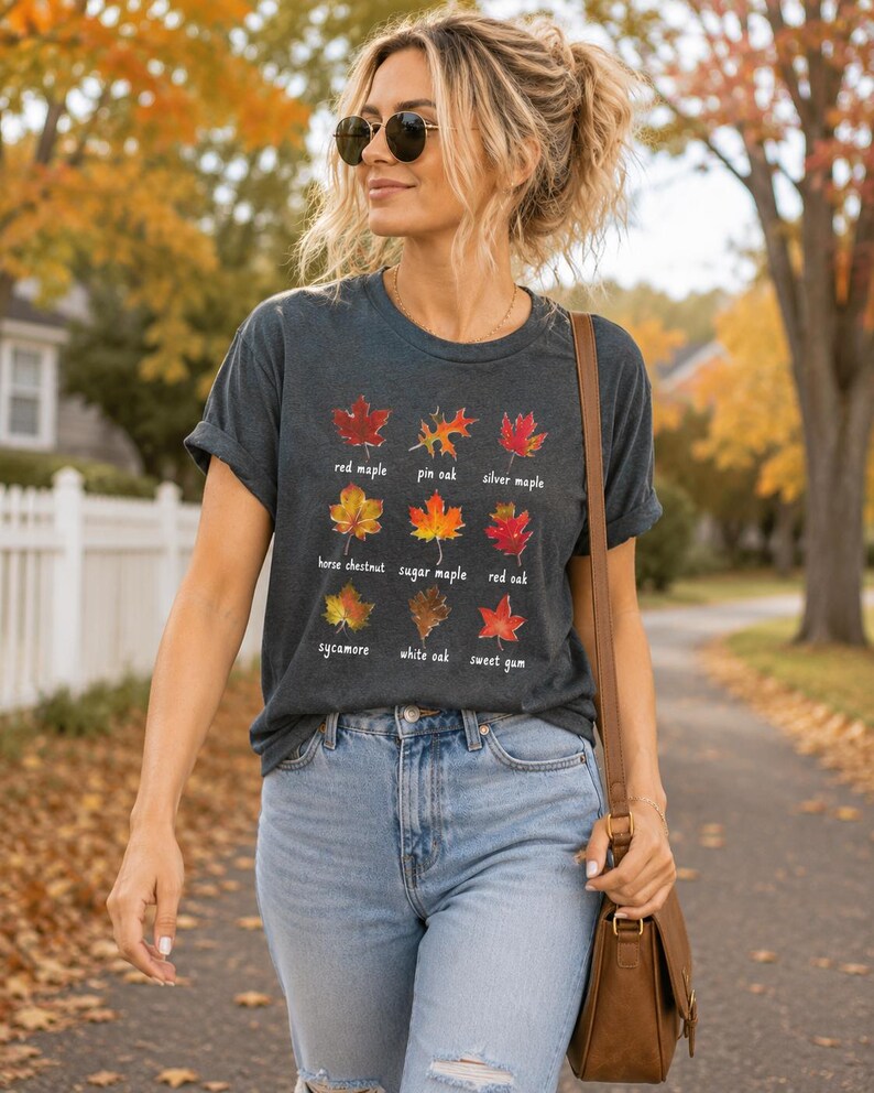 Shirt met herfstbladeren, gezellig herfstshirt met esthetiek, outfit met pompoenpatch afbeelding 3