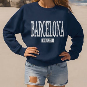 Barcelona Spain Sweatshirt, Womens Beach Crewneck Sweater, Spain Pullover Gift Souvenir Navy