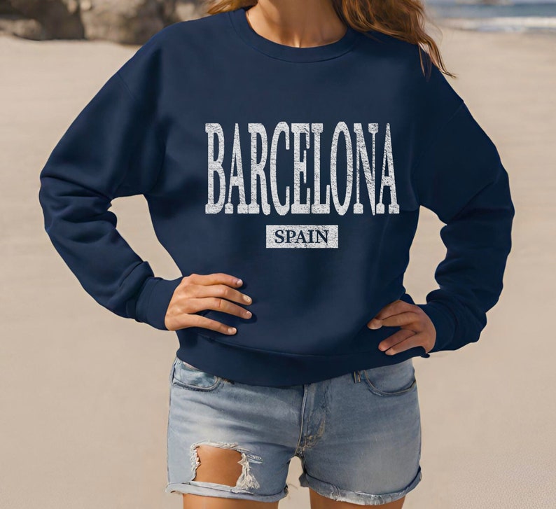 Barcelona Spain Sweatshirt, Womens Beach Crewneck Sweater, Spain Pullover Gift Souvenir Navy