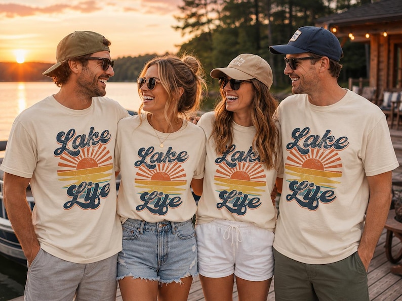 May include: Four people wearing cream-colored t-shirts with a retro sunset graphic and the words "Lake Life" in navy blue. They are standing near a lake at sunset, wearing sunglasses and hats.