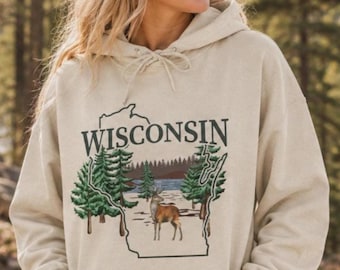Wisconsin Deer Hoodie, Nature Hiking Sweatshirt, Travel Souvenir