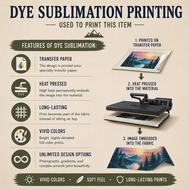 May include: An informational graphic titled DYE SUBLIMATION PRINTING explaining the process. It lists features like transfer paper, heat pressed, long-lasting, vivid colors, and unlimited design options, with illustrations showing the three-step printing method.