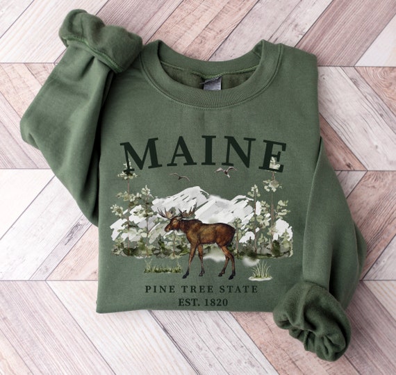 Maine Moose Sweatshirt, Unisex Maine Crewneck Pullover Shirt Gift, Pine Tree State