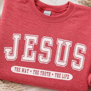 Jesus Crewneck Sweatshirt, The Way The Truth The Life Christian Pullover Heather Scarlet Red