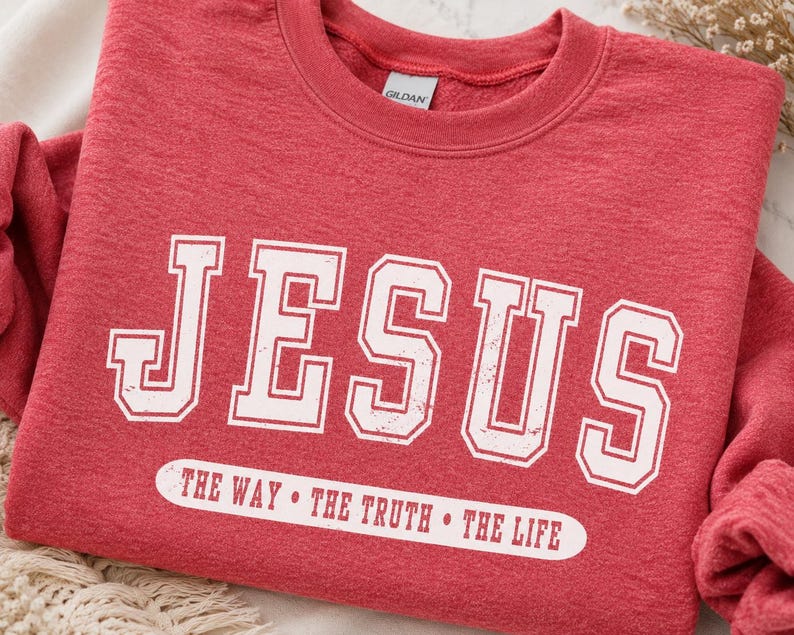 Jesus Crewneck Sweatshirt, The Way The Truth The Life Christian Pullover Heather Scarlet Red
