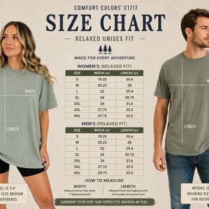 May include: A Comfort Colors C1717 size chart for a relaxed unisex t-shirt. The chart displays width and length measurements in inches for sizes S through 4XL. It includes diagrams of a person wearing a sage green t-shirt with width and length lines.