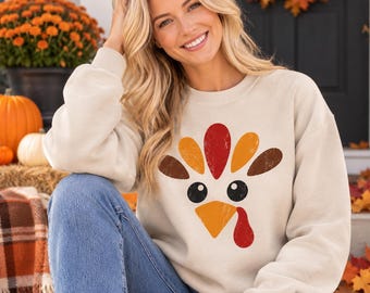 Sweat-shirt à motif de dinde, pull ras du cou vintage Thanksgiving, pull familial Thanksgiving