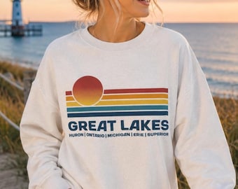 Große Seen Retro Sonnenuntergang Fleece Rundhalsausschnitt, Lake Michitie Sweatshirt Geschenk