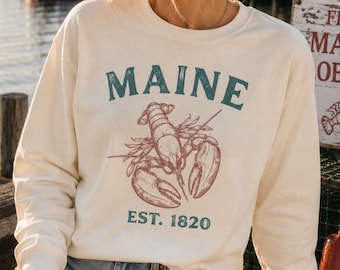 Maglietta a maniche lunghe con stampa di aragosta del Maine, maglietta regalo a tema costa del Maine, souvenir di viaggio di Bar Harbor.