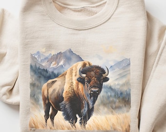 Bison Buffalo Watercolor Crewneck Sweatshirt, Yellowstone Wildlife Pullover
