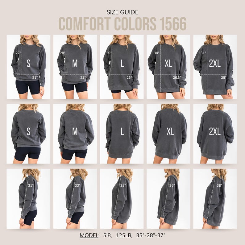 K&ouml;nnte beinhalten: Gr&ouml;&szlig;entabelle f&uuml;r Comfort Colors 1566 Sweatshirts, die die Passform der Gr&ouml;&szlig;en S, M, L, XL und 2XL an einem Model zeigt. Das Model ist 1,73 m gro&szlig; und wiegt 57 kg. Die Ma&szlig;e sind in Zoll angegeben.