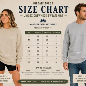 May include: A Gildan 18000 unisex crewneck sweatshirt size chart featuring a table with width, length, and sleeve measurements in inches for sizes S through 5XL. The chart includes instructions on how to measure width, length, and sleeve.