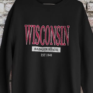 Wisconsin Crewneck Sweatshirt, Badger State Gift, University Style Pullover Black