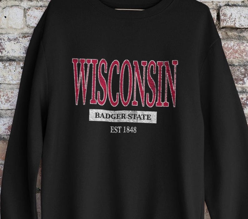 Wisconsin Crewneck Sweatshirt, Badger State Gift, University Style Pullover Black