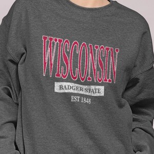 Wisconsin Crewneck Sweatshirt, Badger State Gift, University Style Pullover Dark Heather