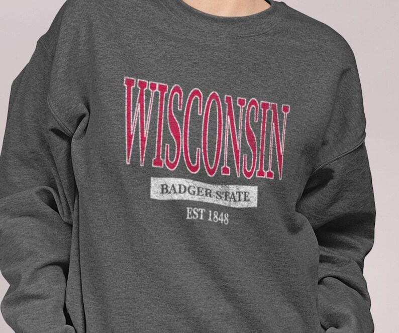 Wisconsin Crewneck Sweatshirt, Badger State Gift, University Style Pullover Dark Heather