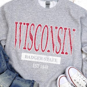Wisconsin Crewneck Sweatshirt, Badger State Gift, University Style Pullover Sport Grey