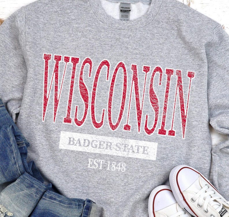 Wisconsin Crewneck Sweatshirt, Badger State Gift, University Style Pullover Sport Grey