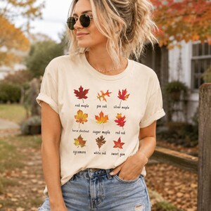 Shirt met herfstbladeren, gezellig herfstshirt met esthetiek, outfit met pompoenpatch afbeelding 2