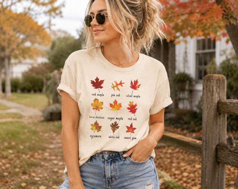 Shirt met herfstbladeren, gezellig herfstshirt met esthetiek, outfit met pompoenpatch afbeelding 2