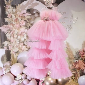 Light pink tulle layered dress with tail, flower girl ruffled dress, birthday dress, girls party dress, babypink dress, photoshoot dress,