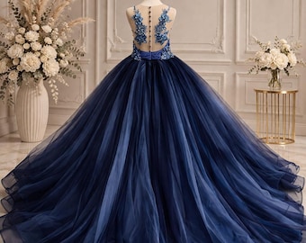 blue dress for party Navy Blue Halter V Neck A Line Party Dress with High Slit Floor Length Prom Dress ARD2545 main image 1