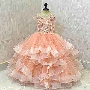 Carnation peach dress, flower girl dress, birthday dress, girls party dress, peach dress, photoshoot dress, 3d flowers, peach birthday dress
