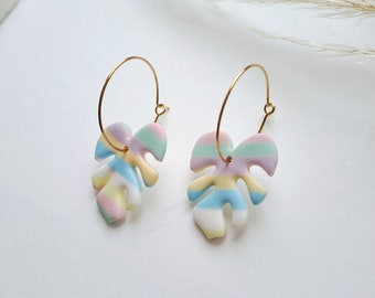 Boucles d’oreilles en argile polymère | Boucles d’oreilles en pâte fimo | Boucles d’oreilles faites à la main créoles feuille multicolore