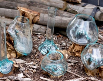 Hand Made Molten Glass on Wood. Made by Artisans in Bali, Indonesia. Terrarium, Bowl, Vase, Spirit Set, Candle Holder, Wine Decanter, Jug