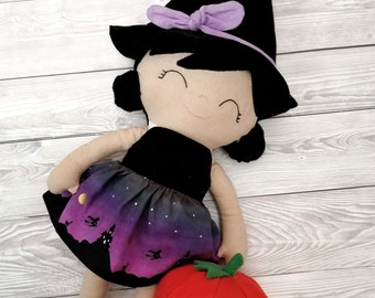 Witch doll sewing pattern including her fabric pumpkin friend Pdf instant download