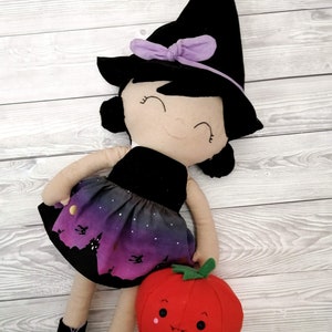 Witch doll sewing pattern including her fabric pumpkin friend Pdf instant download