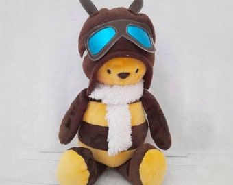 plushie bee sewing pattern and tutorial with aviator hat and goggles.