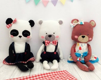 Dress up bears soft toy sewing pattern bundle, panda and Teddy bear with clothes and accessories