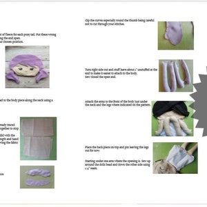 May include: Step-by-step photo instructions for making a purple fabric doll. The instructions include images of the doll's head, arms, legs, and body.