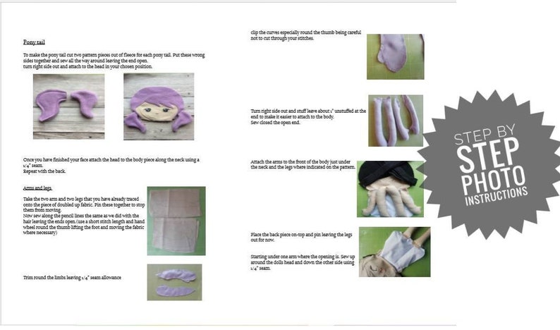 May include: Step-by-step photo instructions for making a purple fabric doll. The instructions include images of the doll's head, arms, legs, and body.