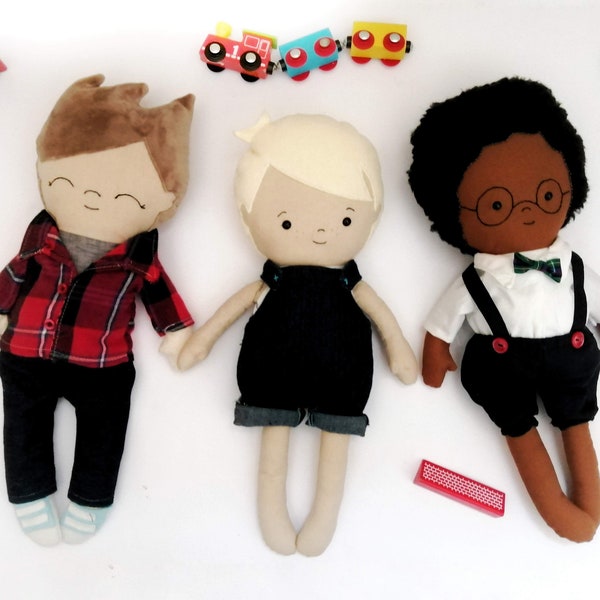 Boy doll sewing pattern bumper bundle pdf sewing pattern and tutorial, doll pattern with 3 face option 3 hair styles and 3 outfits