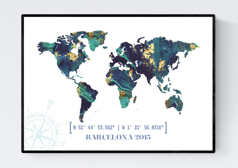 personalised coordinates world map print travel gift etsy