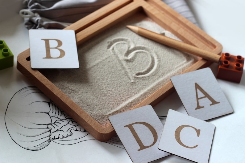 Sand writing tray Sand tray toys Wooden sand tracing tray with flashcard holder Montessori sand tray Waldorf educational toy