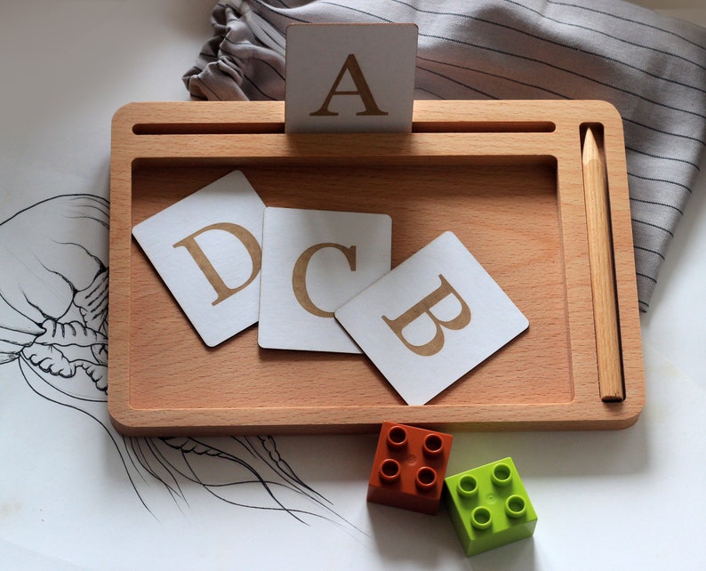Sand writing tray Sand tray toys Wooden sand tracing tray with flashcard holder Montessori sand tray Waldorf educational toy