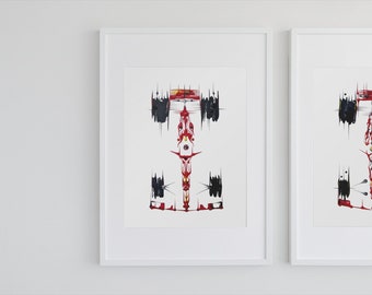 May include: Two framed prints of a red race car with black and yellow accents, the car is depicted in a stylized abstract style.
