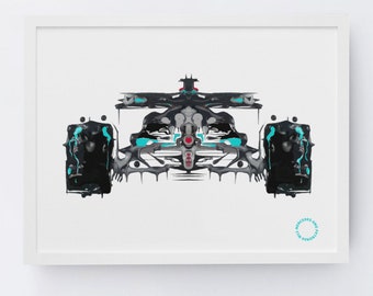 May include: A framed art print of a Formula 1 race car, viewed head-on. The artwork features a black, gray, and teal color scheme with a watercolor-like effect. The car's design is abstract, with visible details of the tires and chassis.
