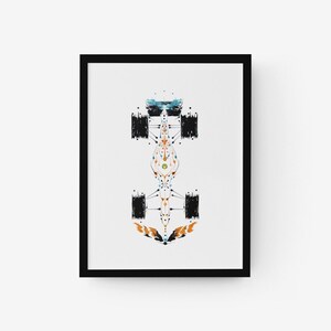 May include: A black and white abstract illustration of a racing car viewed from above. The car is stylised with geometric shapes and lines, and features orange and blue accents.