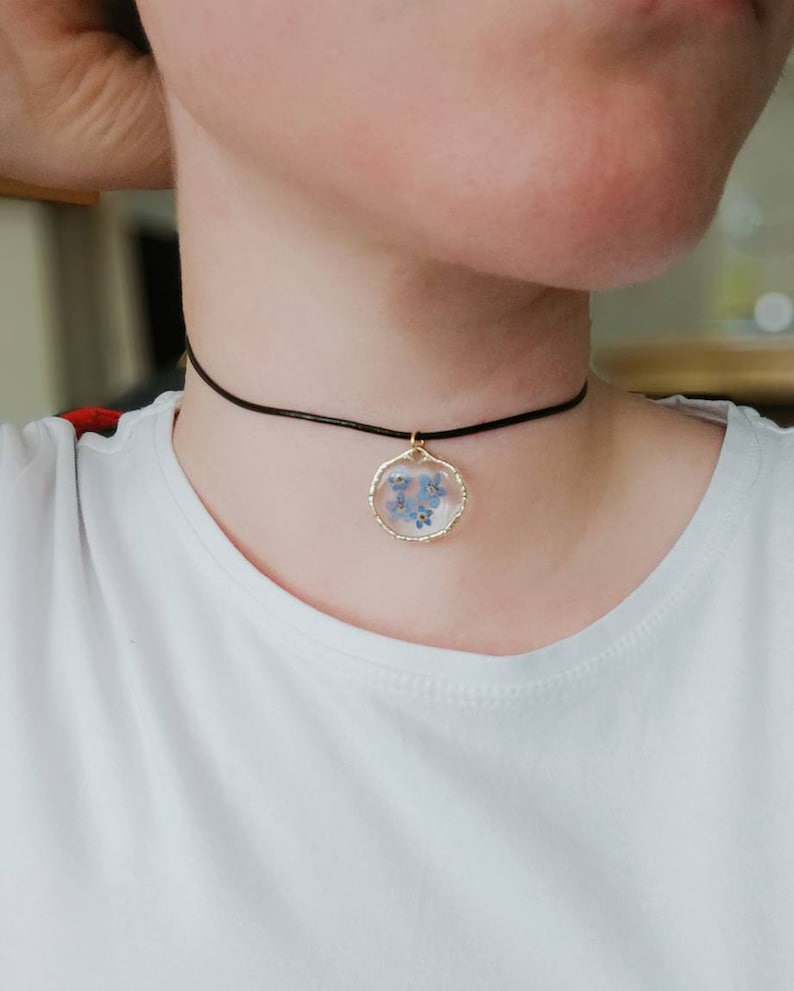 choker. Real flower pressed Forget me Not necklace