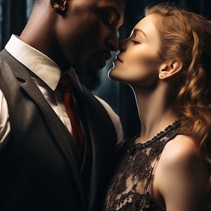 Könnte beinhalten: Romantisches Bild eines Paares kurz vor dem Küssen. Der Mann trägt einen dunklen Anzug mit roter Krawatte, die Frau ein schwarzes Spitzenkleid. Die Beleuchtung ist weich und erzeugt eine warme und intime Atmosphäre.