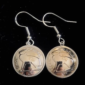 Irish Threepence drop earrings with Sterling Silver Earwire, Harp and Hare,  Irish, Celtic Jewelry, Coin Jewelry, Eire, Ireland, vintage