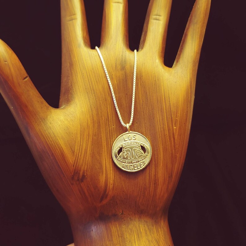 upcycle vintage coin jewelry Los Angeles M.T.A. token L.A on 20Sterling Silver box chain Coin Pendant California jewelry