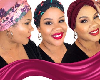 Handmade boho braided full coverage turban headwrap with optional satin lining