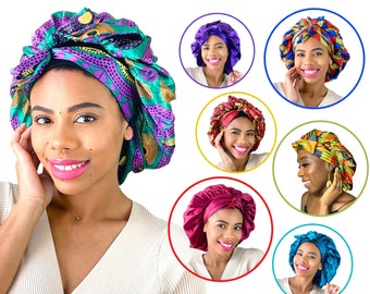 SATIN SLEEP BONNET, envoltura para la cabeza con estampado africano, gorra protectora de estilo, cuidado del cabello afro rizado, pañuelo en la cabeza, cuidado de la alopecia, regalo de quimioterapia, pérdida de cabello